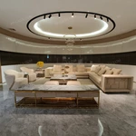 Beige Fabric L-Shape Sofa Set with Geometric Panel Craftsmanship & Fan-Shaped Quilting